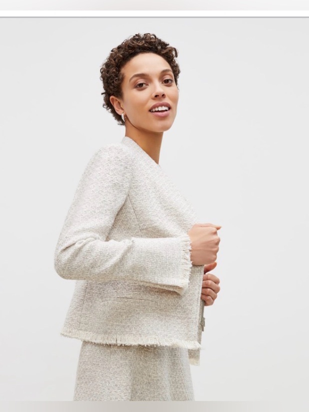 MM Lafleur “The Jie Jacket” Cream Textured Tweed-Like Fringe Trim Jacket - Sz. 2 - Picture 4 of 15